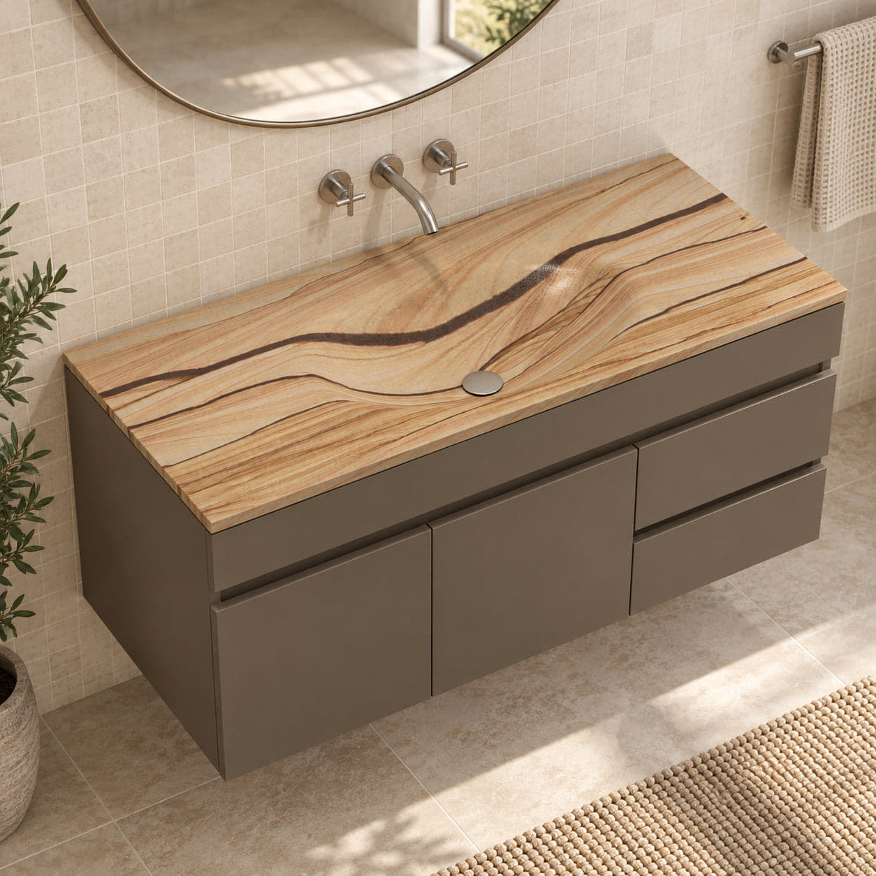 Taini Natural Sandstone Integrated Basin in a tiled spa bathroom, showing its thin rectangular top and shallow single basin