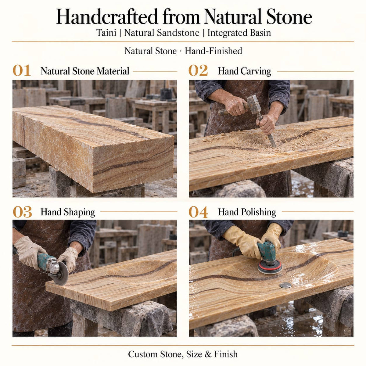 Taini Natural Sandstone Integrated Basin craftsmanship showing natural stone material, hand carving, hand shaping and hand polishing of the true basin form