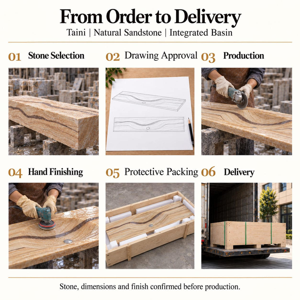 Taini Natural Sandstone Integrated Basin from stone selection and drawing approval to production, hand finishing, protective foam packing and delivery