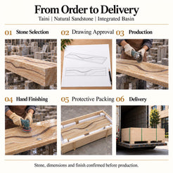 Taini Natural Sandstone Integrated Basin from stone selection and drawing approval to production, hand finishing, protective foam packing and delivery