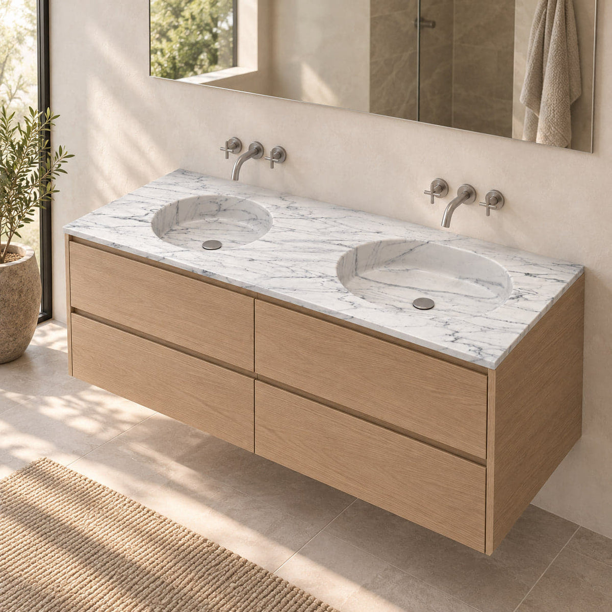 Taika Carrara White Marble Integrated Basin in an oak bathroom, showing the complete double basin and thin marble top