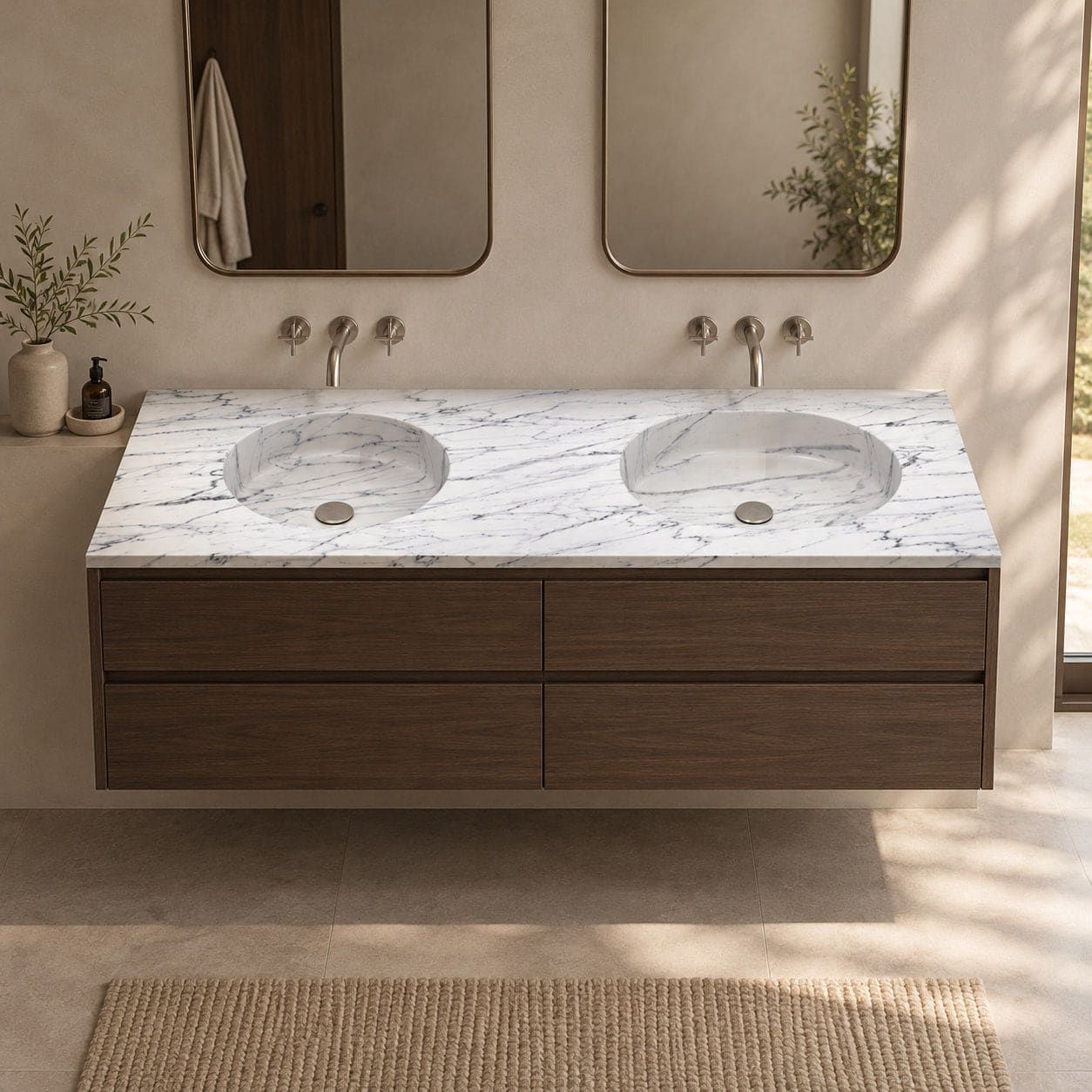 Taika Carrara White Marble Integrated Basin above a walnut vanity, viewed from the front with both basins and grey veining visible
