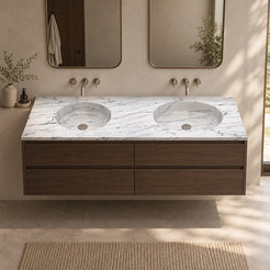 Taika Carrara White Marble Integrated Basin above a walnut vanity, viewed from the front with both basins and grey veining visible