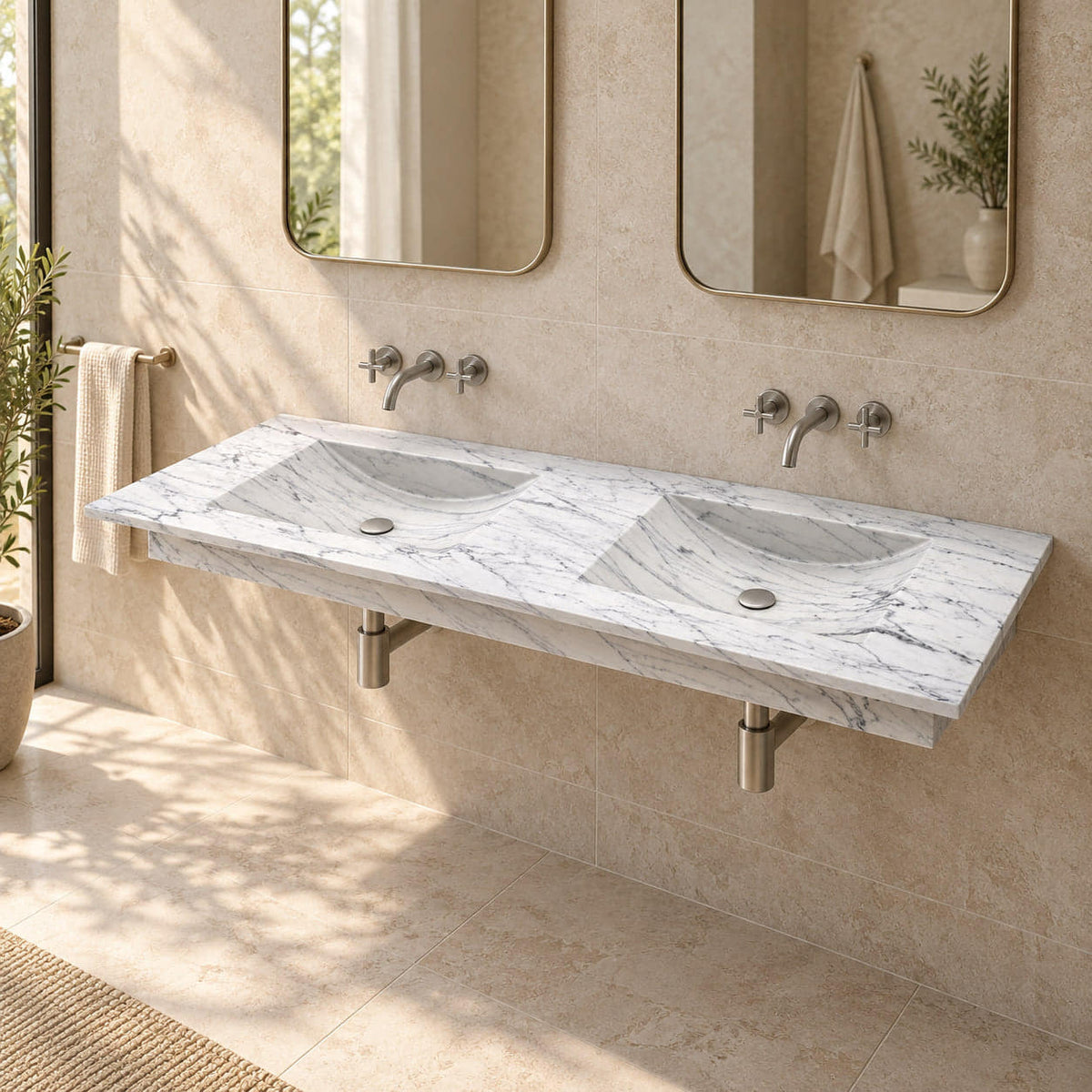 Taiya Carrara White Marble Wall-Mounted Sink in a warm stone bathroom, showing its complete double basin, sloping carved wash areas and floating profile