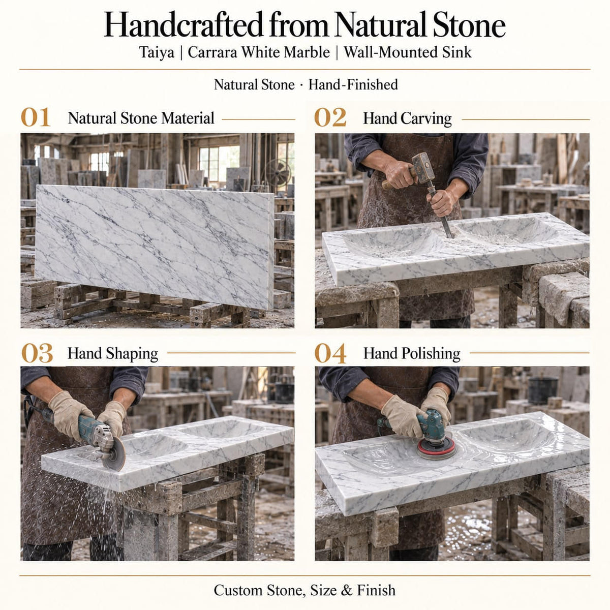 Taiya Carrara White Marble Wall-Mounted Sink craftsmanship showing natural stone material, hand carving, hand shaping and hand polishing of the true basin form