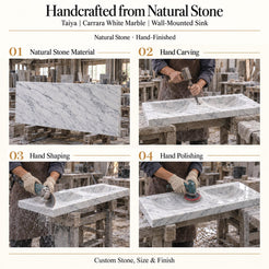 Taiya Carrara White Marble Wall-Mounted Sink craftsmanship showing natural stone material, hand carving, hand shaping and hand polishing of the true basin form
