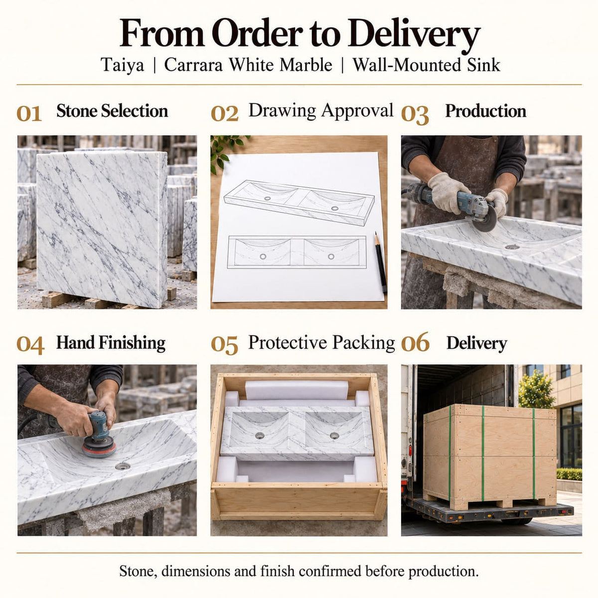 Taiya Carrara White Marble Wall-Mounted Sink from stone selection and drawing approval to production, hand finishing, protective foam packing and delivery