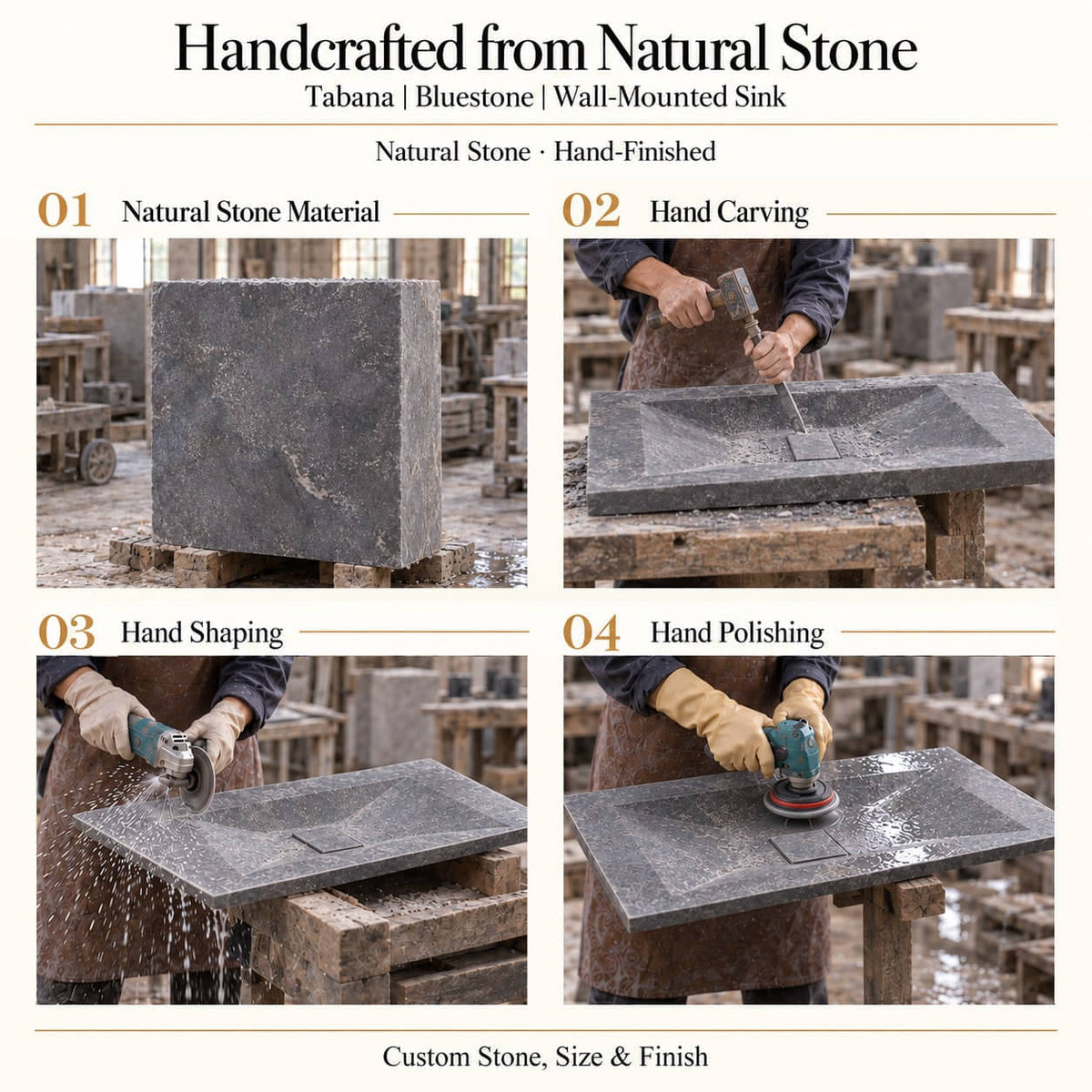 Tabana Bluestone Wall-Mounted Sink craftsmanship showing natural stone material, hand carving, hand shaping and hand polishing of the true basin form
