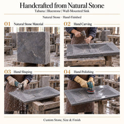 Tabana Bluestone Wall-Mounted Sink craftsmanship showing natural stone material, hand carving, hand shaping and hand polishing of the true basin form