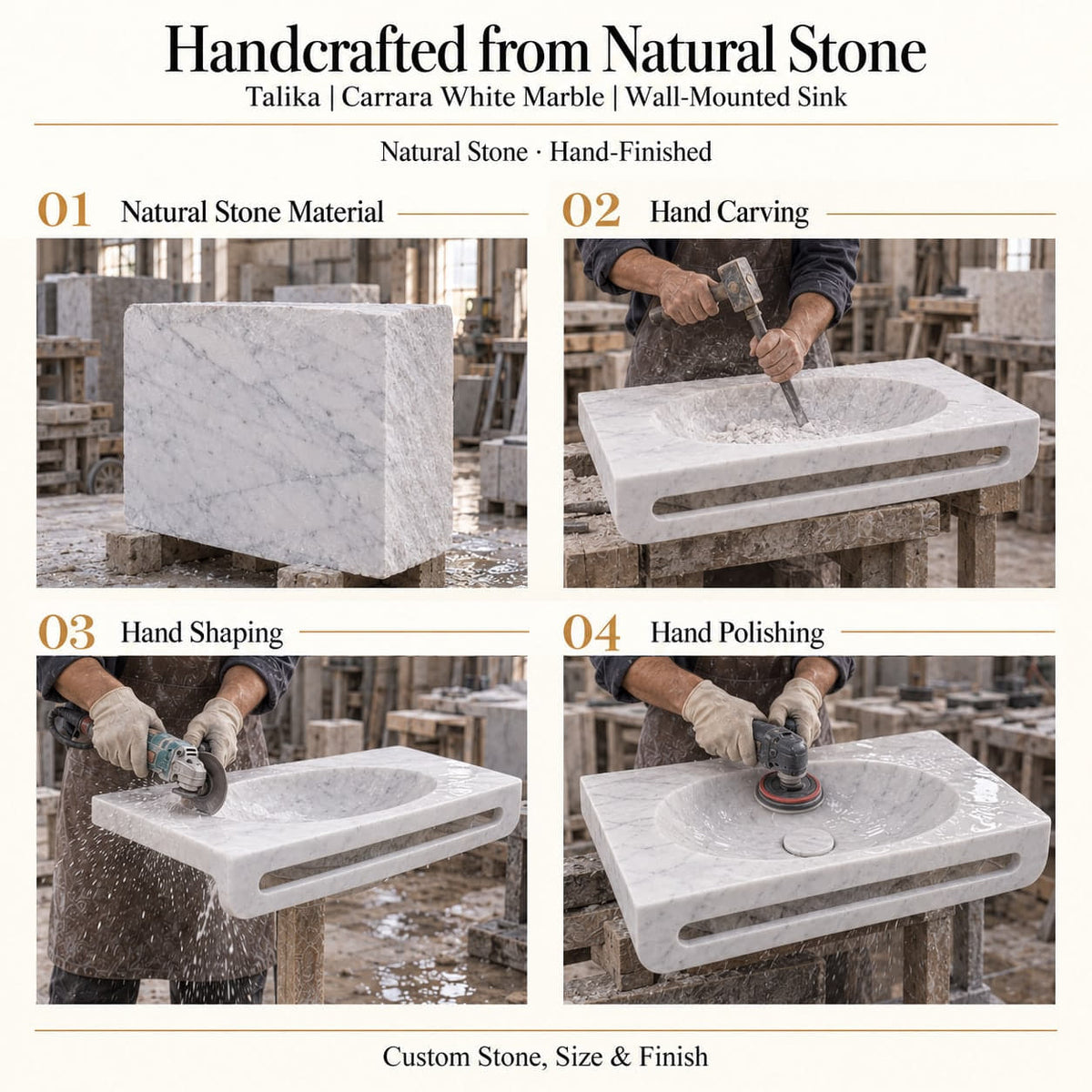 Talika Carrara White Marble Wall-Mounted Sink craftsmanship showing natural stone material, hand carving, hand shaping and hand polishing of the true basin form