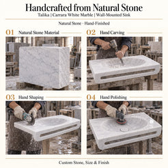 Talika Carrara White Marble Wall-Mounted Sink craftsmanship showing natural stone material, hand carving, hand shaping and hand polishing of the true basin form