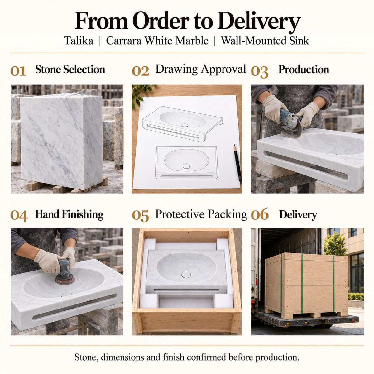 Talika Carrara White Marble Wall-Mounted Sink from stone selection and drawing approval to production, hand finishing, protective foam packing and delivery