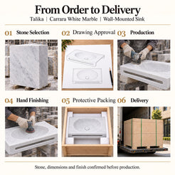 Talika Carrara White Marble Wall-Mounted Sink from stone selection and drawing approval to production, hand finishing, protective foam packing and delivery