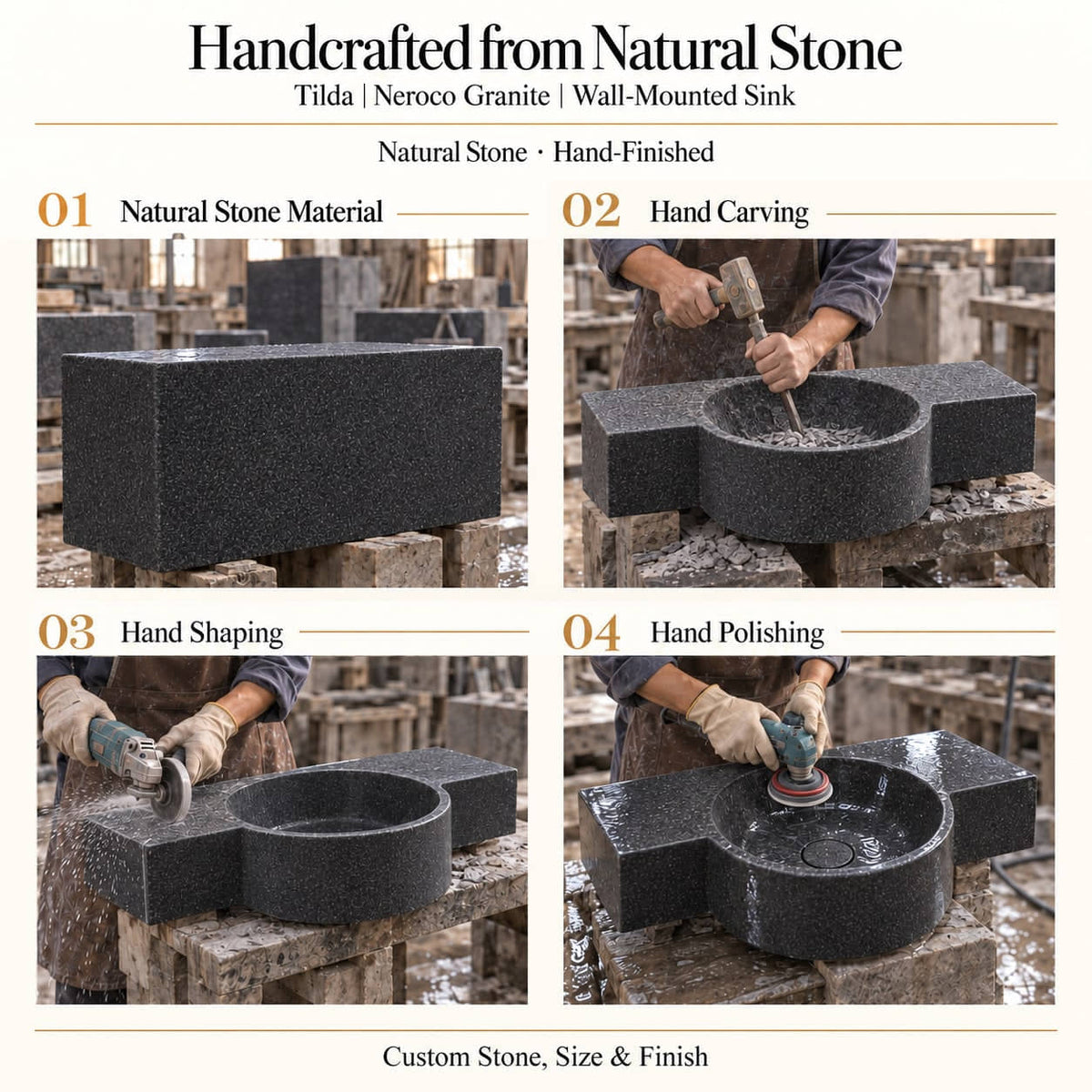 Tilda Neroco Granite Wall-Mounted Sink craftsmanship showing natural stone material, hand carving, hand shaping and hand polishing of the true basin form