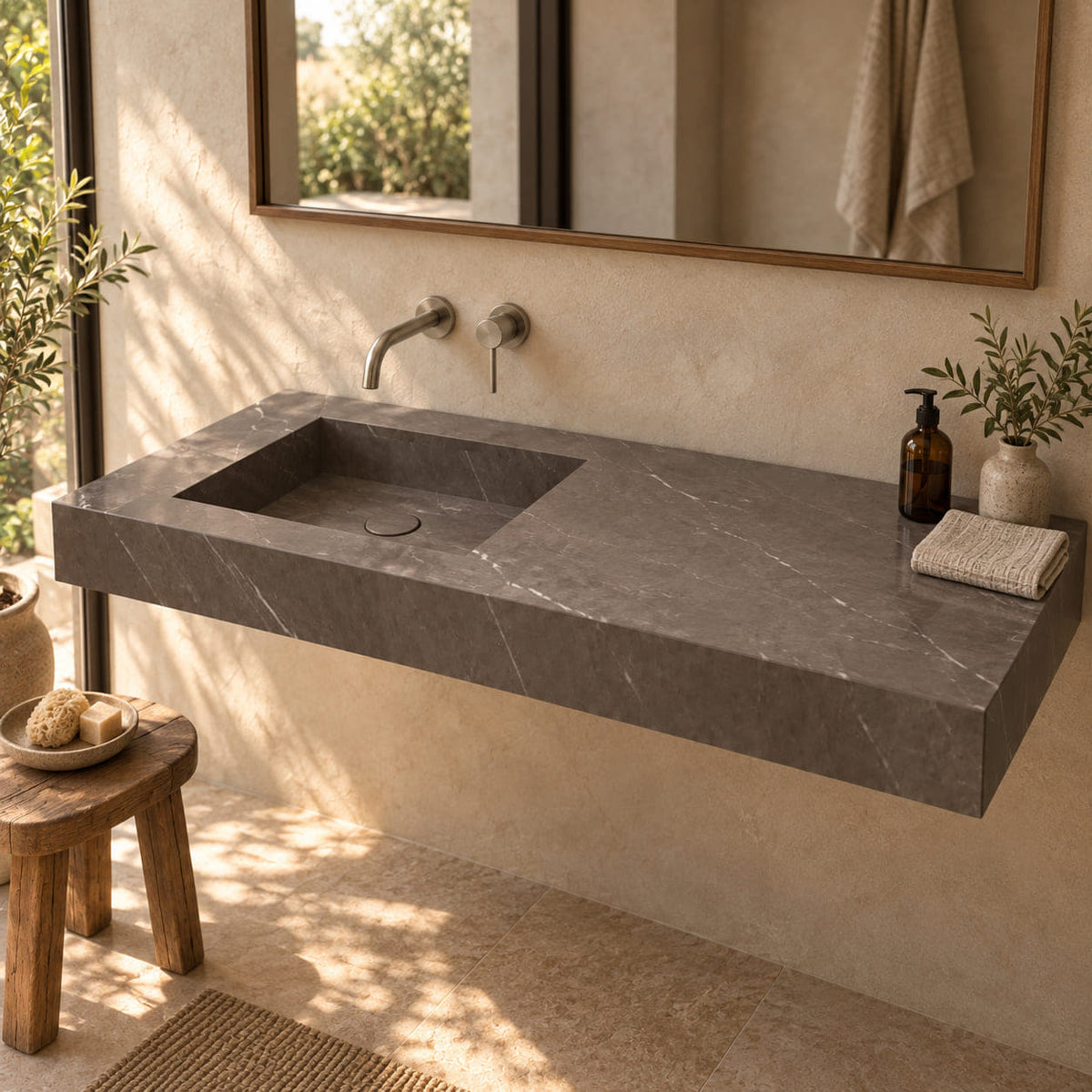 Tacita Perlato marble integrated trough sink in a warm bathroom with natural light, left-side rectangular basin and wide right deck
