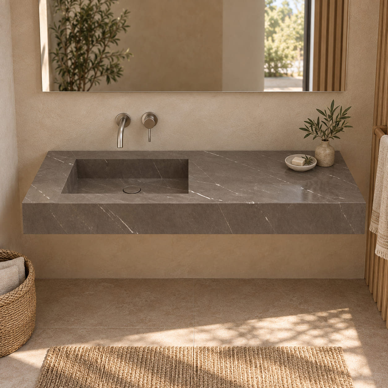 Tacita Perlato marble integrated trough sink shown from the front in a beige and oak bathroom