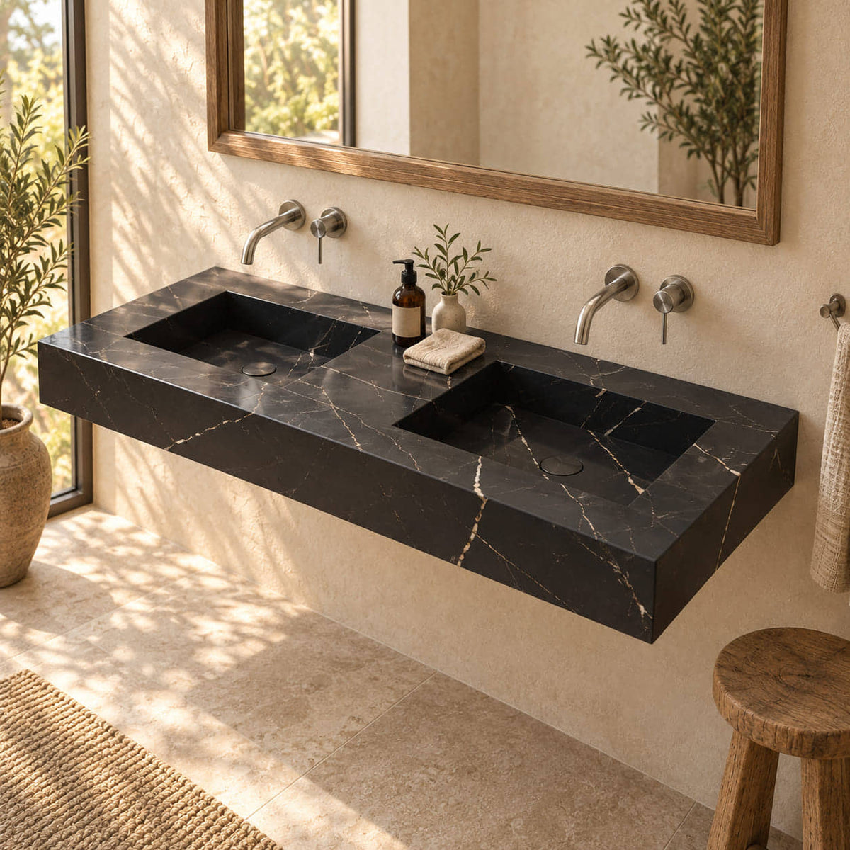 Taipa Portoro marble double trough sink in a warm bathroom with natural light and two rectangular basins
