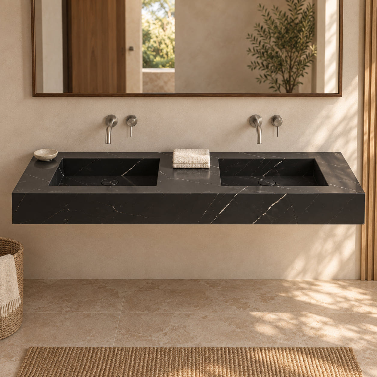Taipa Portoro marble double trough sink shown from the front in a beige bathroom with oak and walnut accents