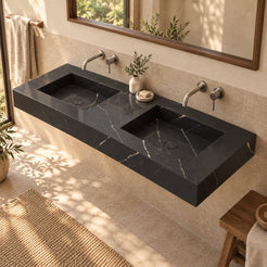 Taipa Portoro marble double trough sink from an elevated angle showing both rectangular basins and round stone drain covers