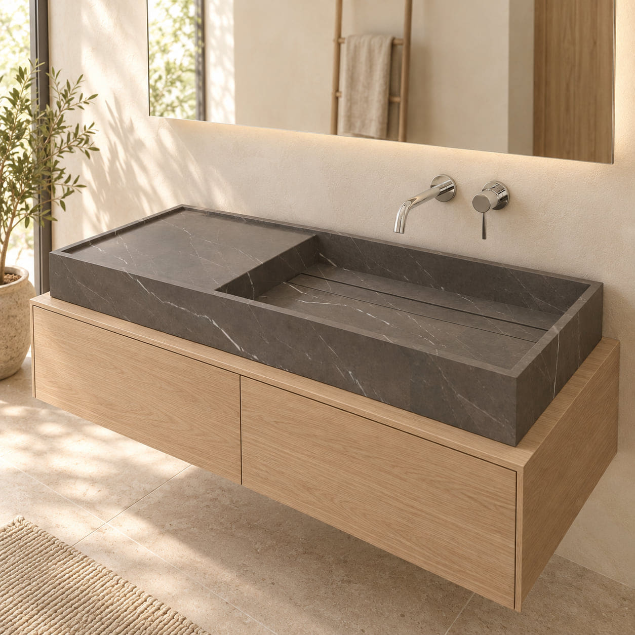 Tavira Integrated Perlato Marble Basin above separate oak furniture in a warm ivory bathroom, showing the complete left stone surface and right rectangular wash basin