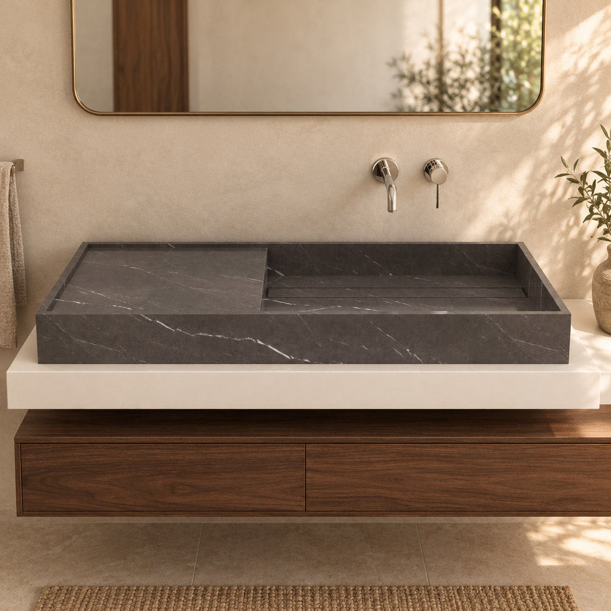 Tavira Integrated Perlato Marble Basin in a warm walnut bathroom, viewed from the front with the left stone surface and single right wash basin fully visible