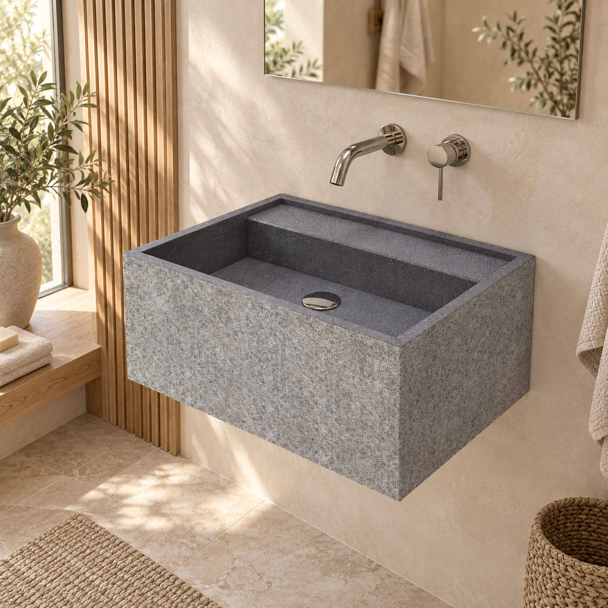 Tibna Wall-Mounted Neroco Stone Sink in a warm ivory and oak bathroom, viewed from the front left with the complete basin and chiseled stone exterior visible