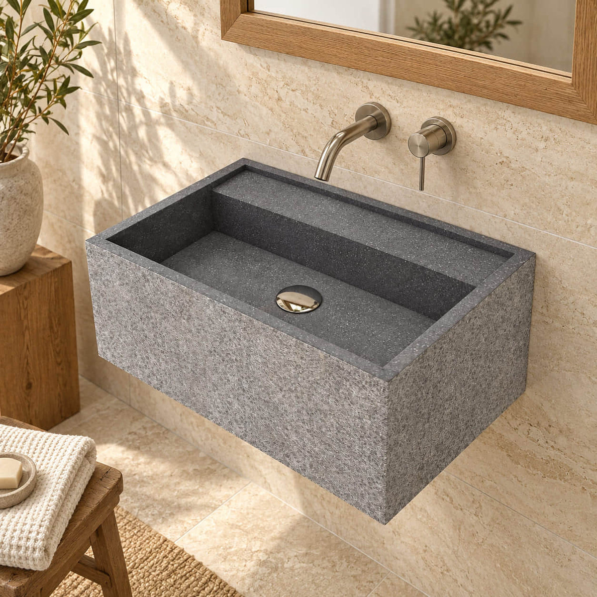 Tibna Wall-Mounted Neroco Stone Sink in a warm travertine and oak bathroom, viewed from above with the rectangular basin, rear ledge and chrome drain visible