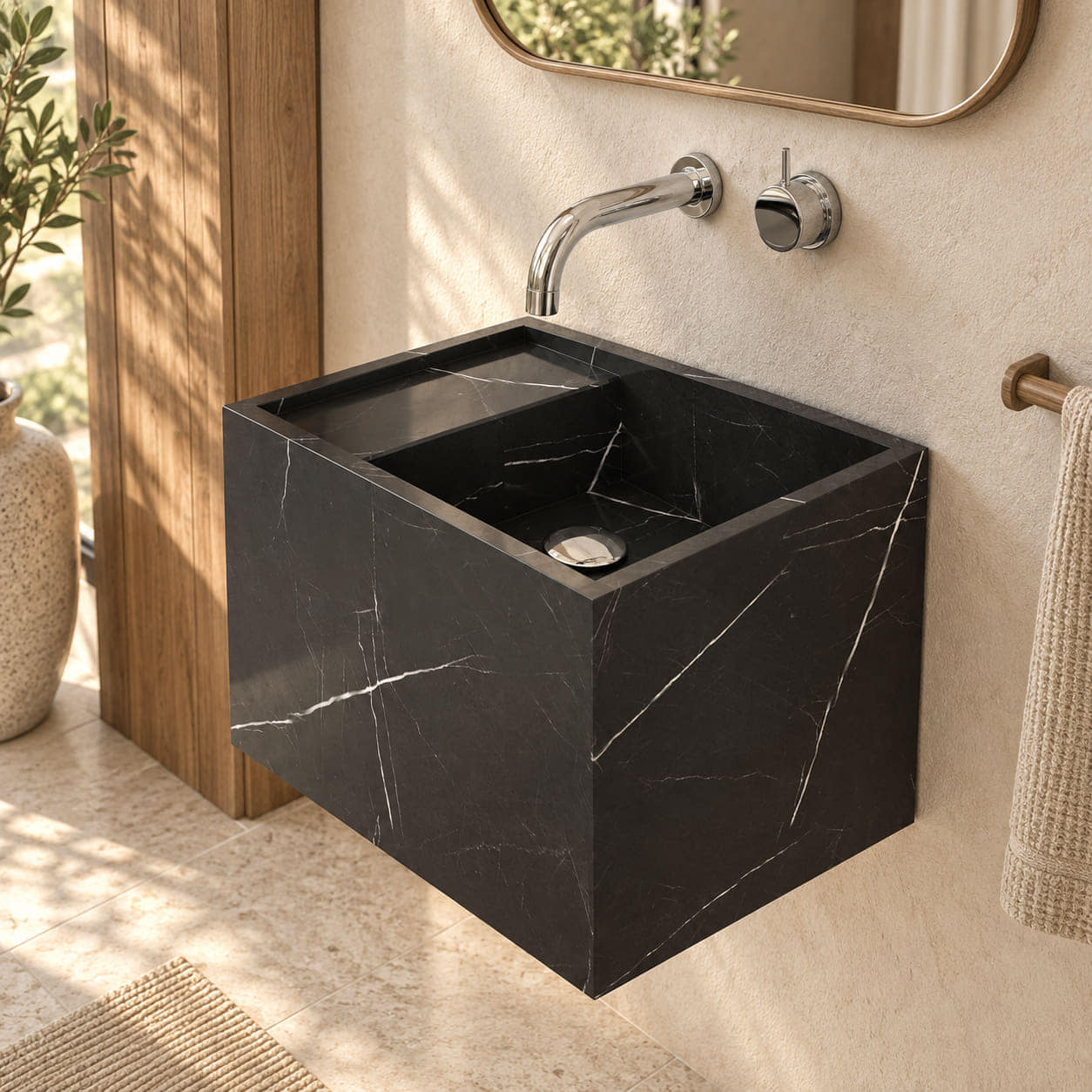Tilika Portoro marble wall-mounted sink in a warm oak and ivory bathroom, showing its tall rectangular basin and silver drain