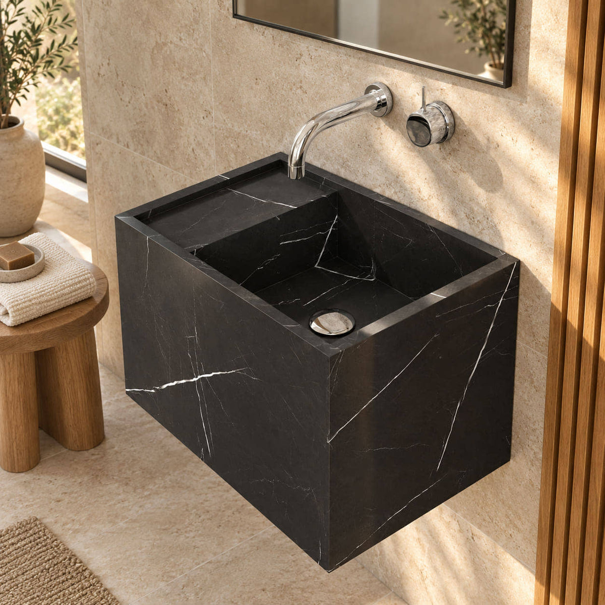 Elevated view of Tilika Portoro marble wall-mounted sink in a warm limestone bathroom, showing the rectangular basin, rear deck and silver drain
