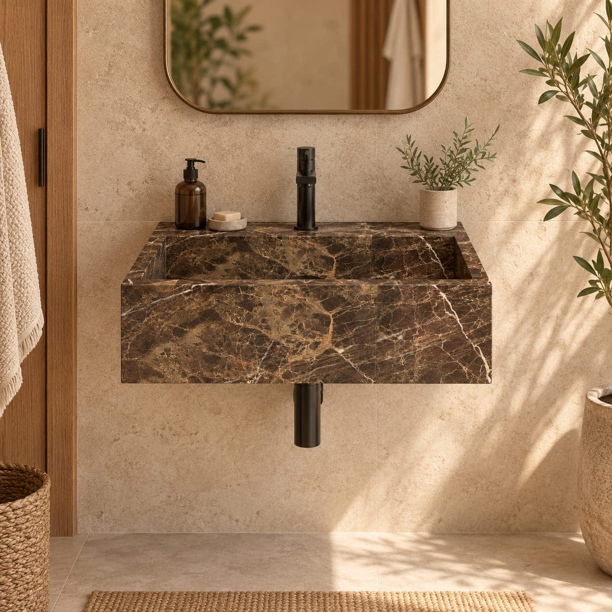 Front view of Tiarra Marroca marble wall-mounted sink in a warm limestone bathroom, showing its rectangular floating basin and black fittings