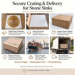 OIXDESIGN stone sink protective packing with fitted foam support, foam top cover, optional carton, closed plywood crating, ocean freight to the destination port and truck delivery to the agreed address; packing and delivery arrangements confirmed per order.