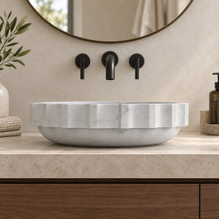 Sisley Carrara Marble Vessel Sink — low frontal bathroom lifestyle