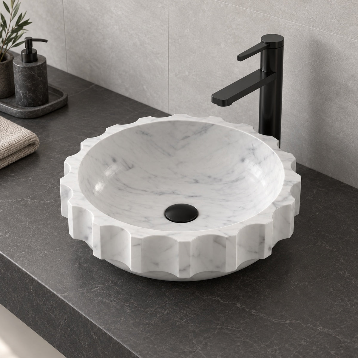 Sisley Carrara Marble Vessel Sink, alternate bathroom lifestyle setting