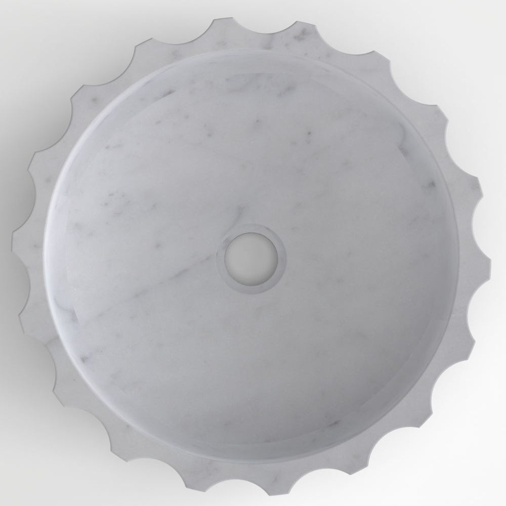 Sisley Carrara Marble Vessel Sink, interior, material and drain area detail
