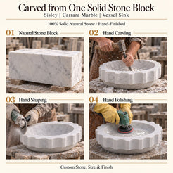 Sisley Carrara Marble Vessel Sink carved from one solid stone block, showing manual hammer-and-chisel carving, hand shaping and hand polishing; custom stone, size and finish.