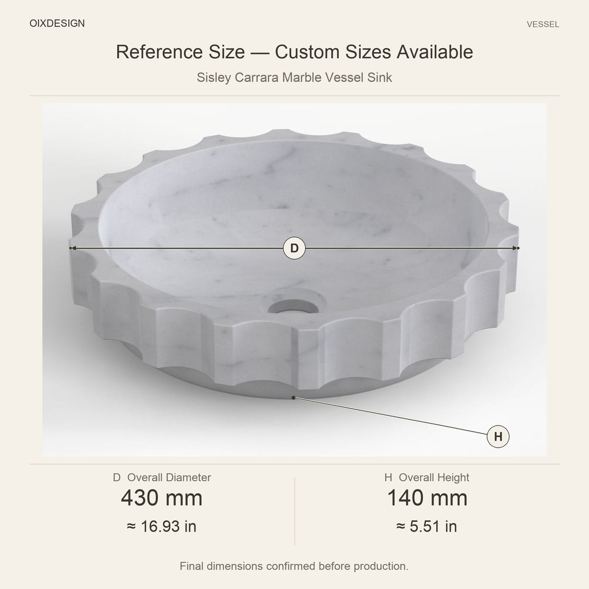 Sisley Carrara Marble Vessel Sink reference overall dimensions in millimeters and inches