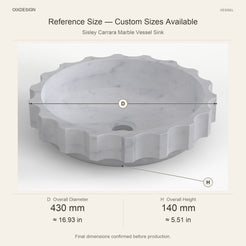 Sisley Carrara Marble Vessel Sink reference overall dimensions in millimeters and inches