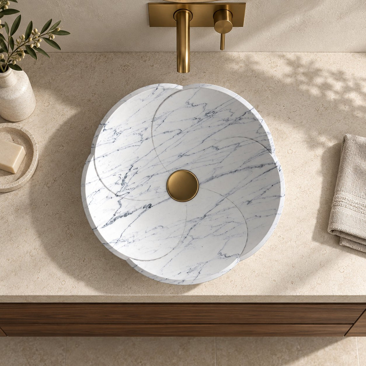 Sissy Carrara Marble Vessel Sink — overhead bathroom lifestyle