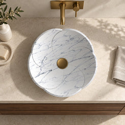 Sissy Carrara Marble Vessel Sink — overhead bathroom lifestyle