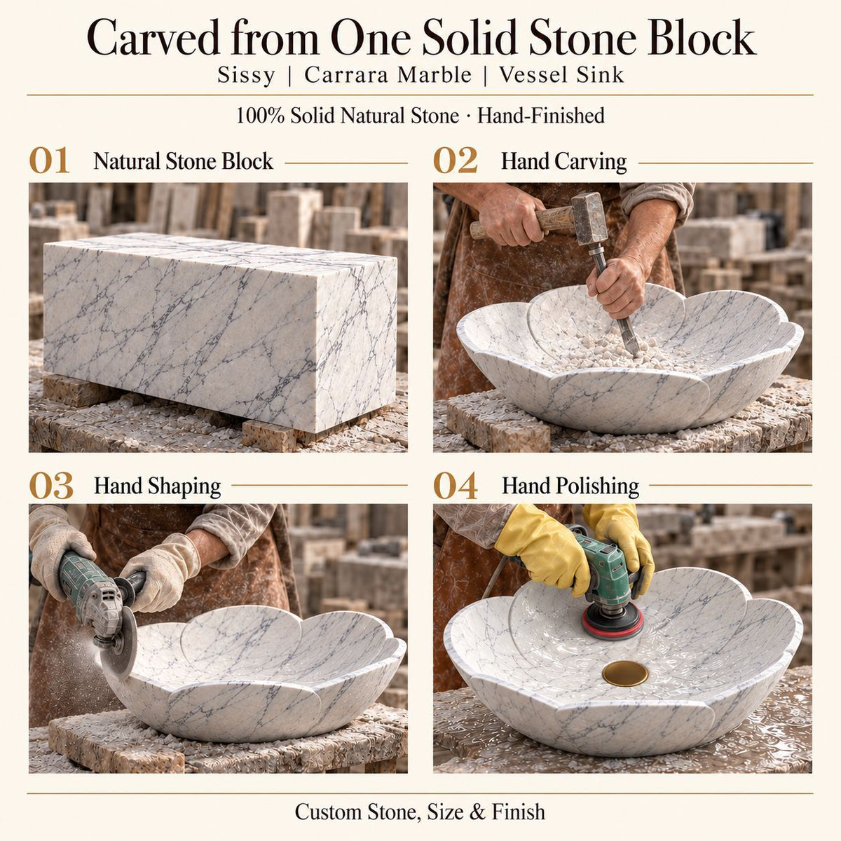 Sissy Carrara Marble Vessel Sink carved from one solid stone block, showing manual hammer-and-chisel carving, hand shaping and hand polishing; custom stone, size and finish.
