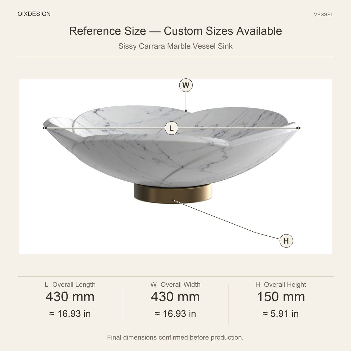 Sissy Carrara Marble Vessel Sink reference overall dimensions in millimeters and inches
