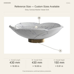 Sissy Carrara Marble Vessel Sink reference overall dimensions in millimeters and inches