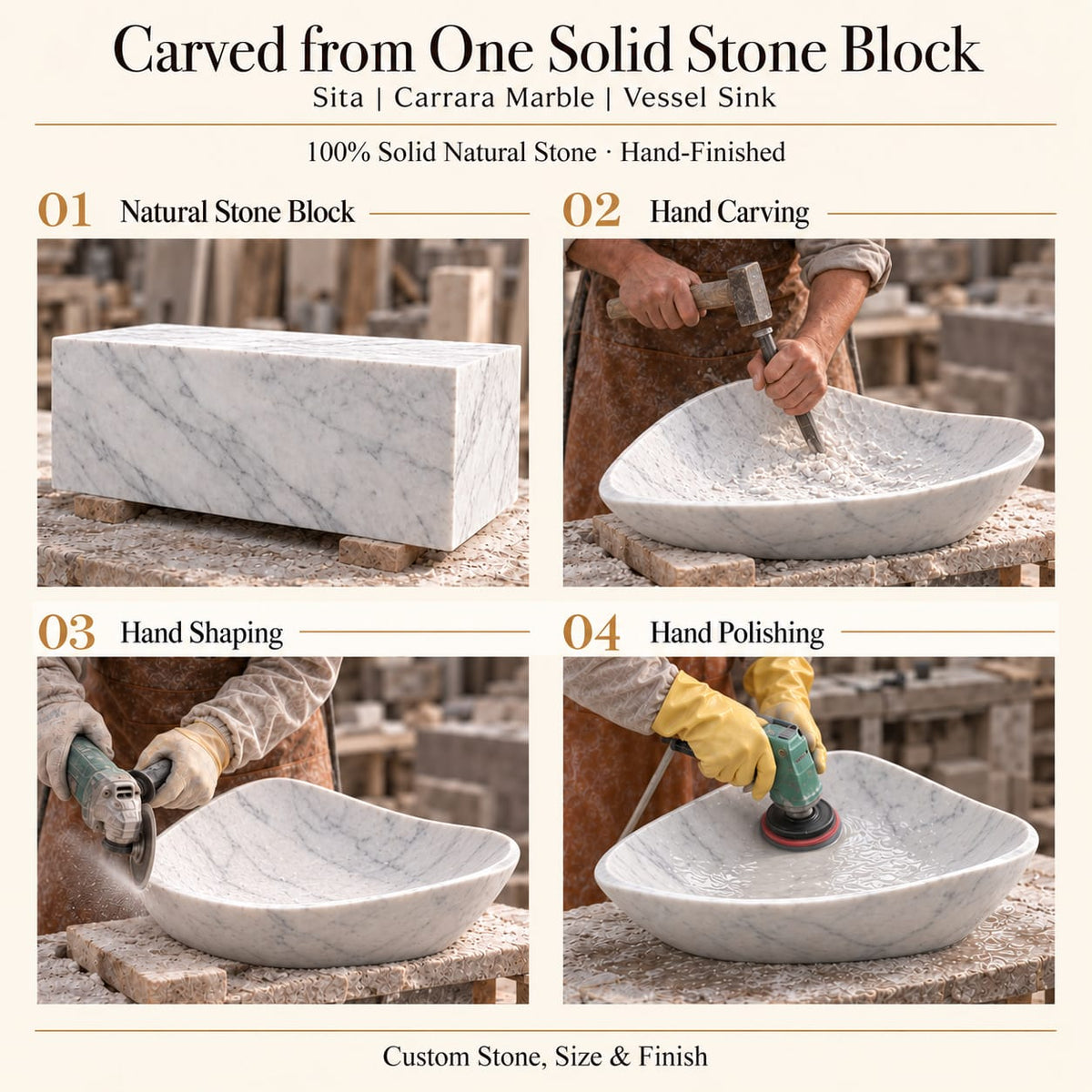Sita Specialty Carrara Marble Vessel Sink carved from one solid stone block, showing manual hammer-and-chisel carving, hand shaping and hand polishing; custom stone, size and finish.
