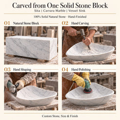Sita Specialty Carrara Marble Vessel Sink carved from one solid stone block, showing manual hammer-and-chisel carving, hand shaping and hand polishing; custom stone, size and finish.