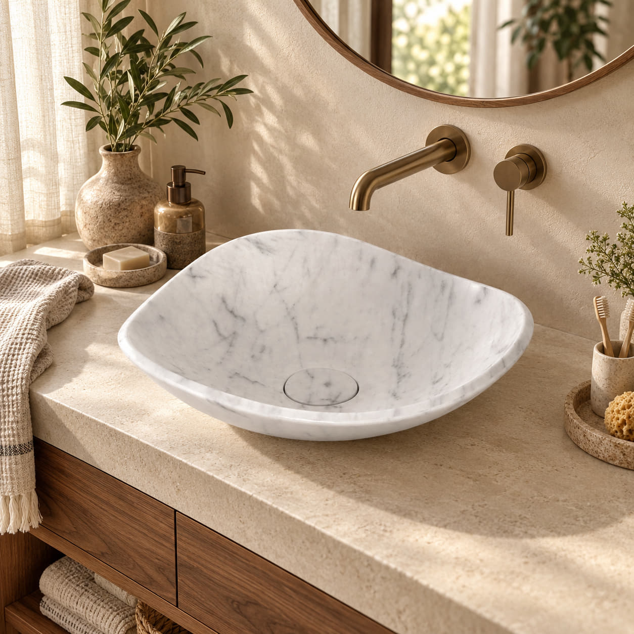 Sita Carrara Marble asymmetric vessel sink in a warm Mediterranean bathroom