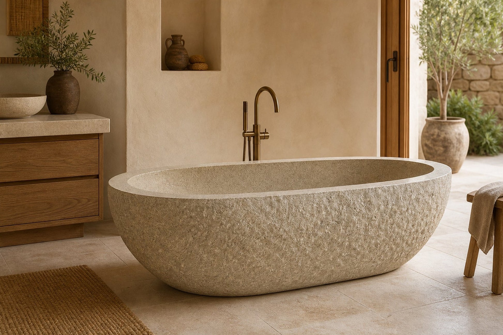 Solea BT-109A Harvest Gold Granite bathtub, complete styled bathroom view 1; original silhouette and finish preserved