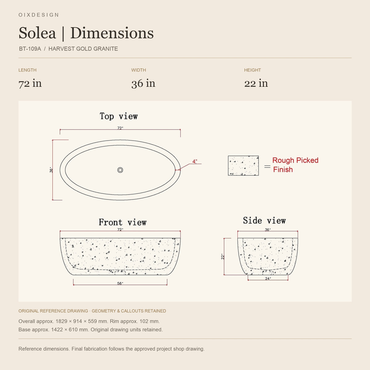 Solea BT-109A Harvest Gold Granite bathtub reference dimensions: 72 in × 36 in × 22 in, shown in a warm ivory technical layout