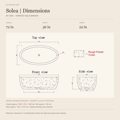Solea BT-109A Harvest Gold Granite bathtub reference dimensions: 72 in × 36 in × 22 in, shown in a warm ivory technical layout