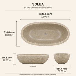 Solea Freestanding Harvest Gold Granite Soaking Bathtub reference dimension drawing with top, long-side and short-end views, measurements in millimetres and inches.