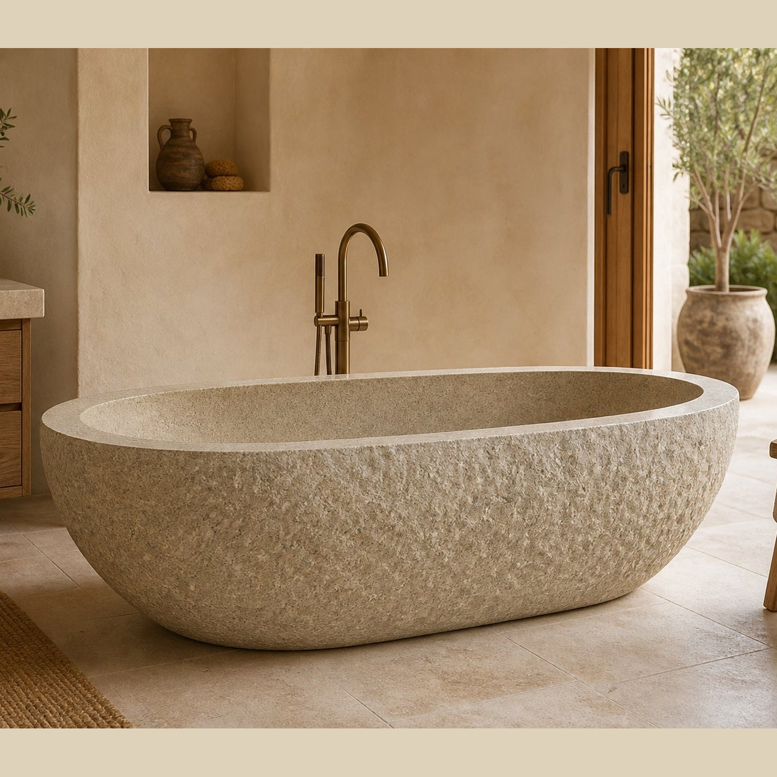 Solea BT-109A Harvest Gold Granite bathtub, complete styled bathroom view 1; original silhouette and finish preserved